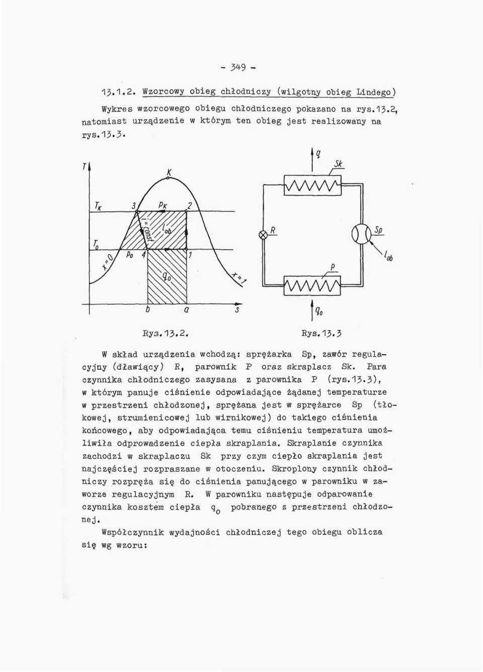 13-3), w którym panuje ciśnienie odpowiadające żądanej temperaturze w przestrzeni chłodzonej, sprężana jest w sprężarce Sp (tłokowej, strumienicowej lub wirnikowej) do takiego ciśnienia końcowego,