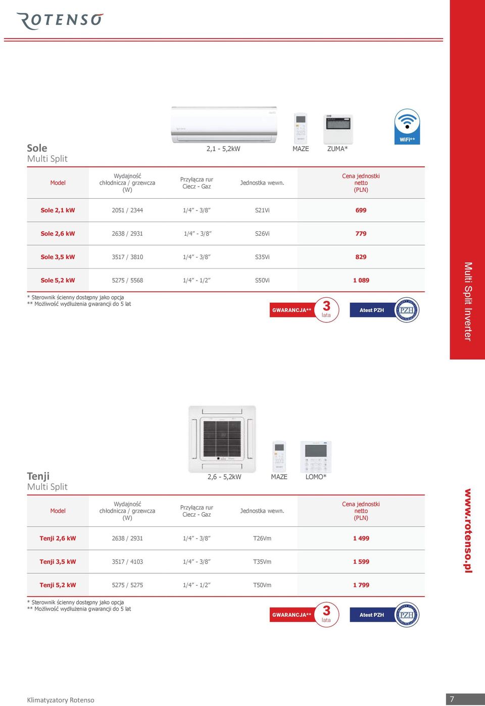 089 * Sterownik ścienny dostępny jako opcja ** Możliwość wydłużenia gwarancji do 5 lat GWARANCJA** Multi Split Inverter Tenji Multi Split Przyłącza rur Ciecz - Gaz 2,6-5,2kW