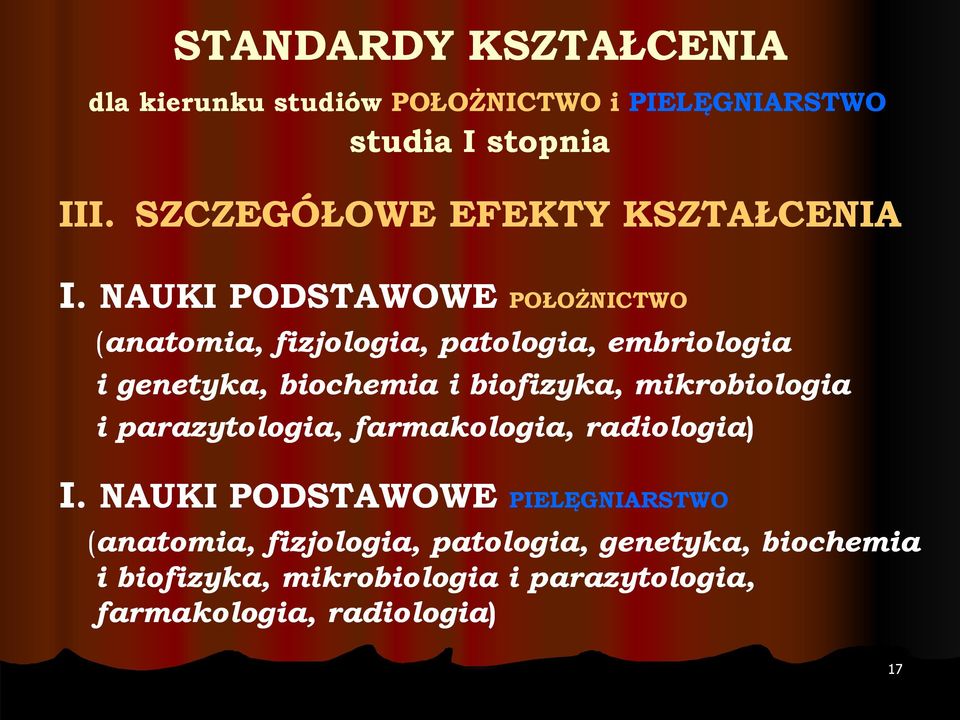 biofizyka, mikrobiologia i parazytologia, farmakologia, radiologia) I.