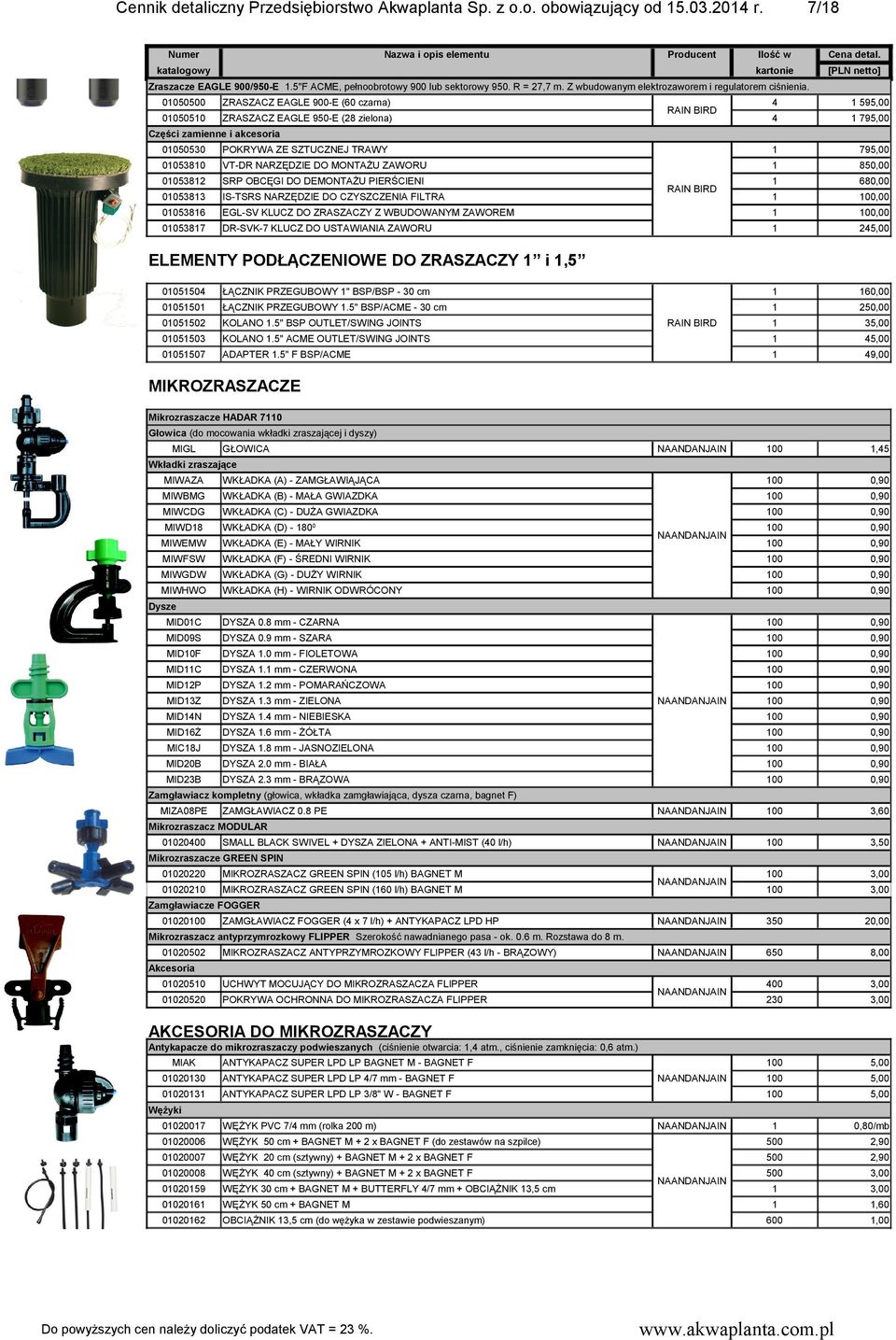 000 ZRASZACZ EAGLE 900-E (0 czarna) 00 ZRASZACZ EAGLE 9-E (2 zielona) 4 59 4 79 i akcesoria 00530 POKRYWA ZE SZTUCZNEJ TRAWY 79 00530 VT-DR NARZĘDZIE DO MONTAŻU ZAWORU,00 00532 SRP OBCĘGI DO