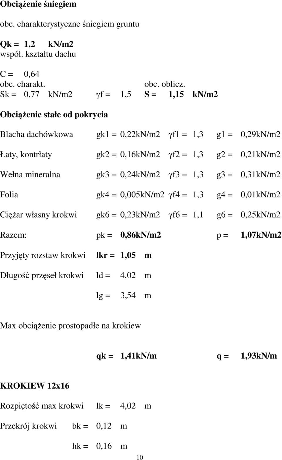 Wełna mineralna gk3 = 0,24kN/m2 γf3 = 1,3 g3 = 0,31kN/m2 Folia gk4 = 0,005kN/m2 γf4 = 1,3 g4 = 0,01kN/m2 Ciężar własny krokwi gk6 = 0,23kN/m2 γf6 = 1,1 g6 = 0,25kN/m2 Razem: pk = 0,86kN/m2