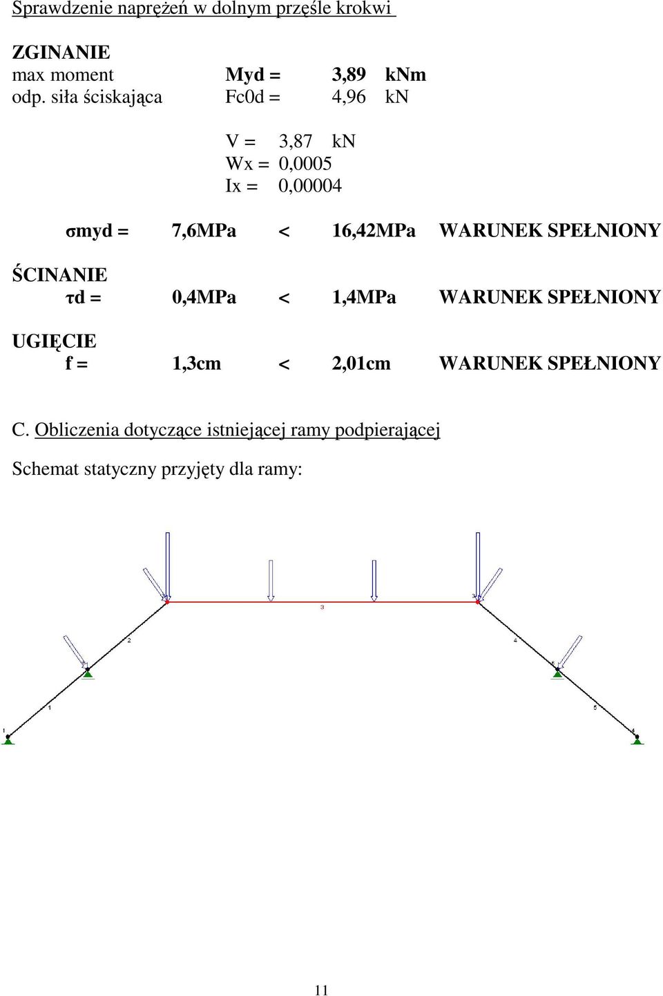 WARUNEK SPEŁNIONY ŚCINANIE τd = 0,4MPa < 1,4MPa WARUNEK SPEŁNIONY UGIĘCIE f = 1,3cm < 2,01cm