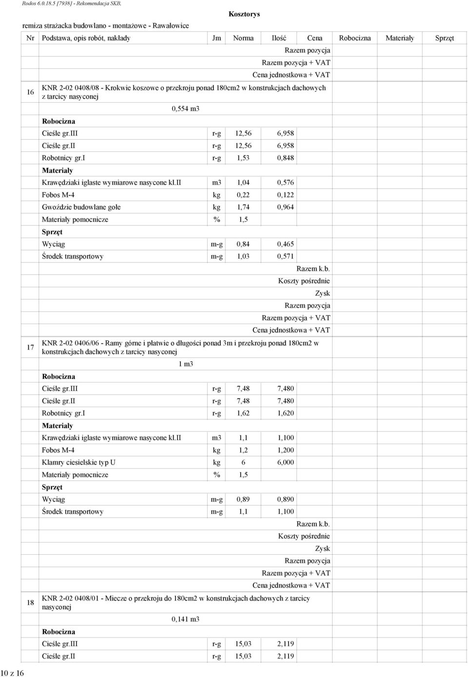 ii m3 1,04 0,576 Fobos M-4 kg 0,22 0,122 Gwoździe budowlane gołe kg 1,74 0,964 pomocnicze % 1,5 Wyciąg m-g 0,84 0,465 Środek transportowy m-g 1,03 0,571 + VAT 0406/06 - Ramy górne i płatwie o