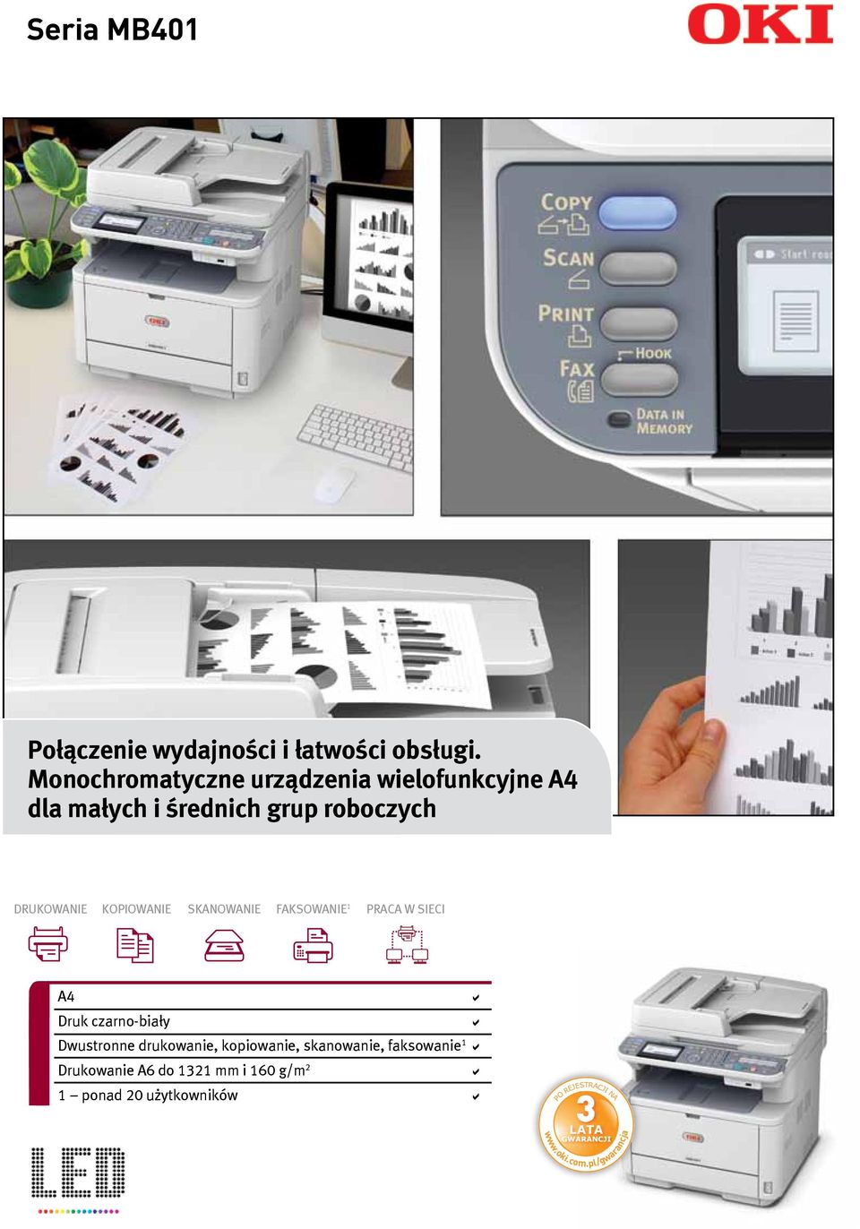 KOPIOWANIE SKANOWANIE FAKSOWANIE 1 PRACA W SIECI A4 a Druk czarno-biały a Dwustronne