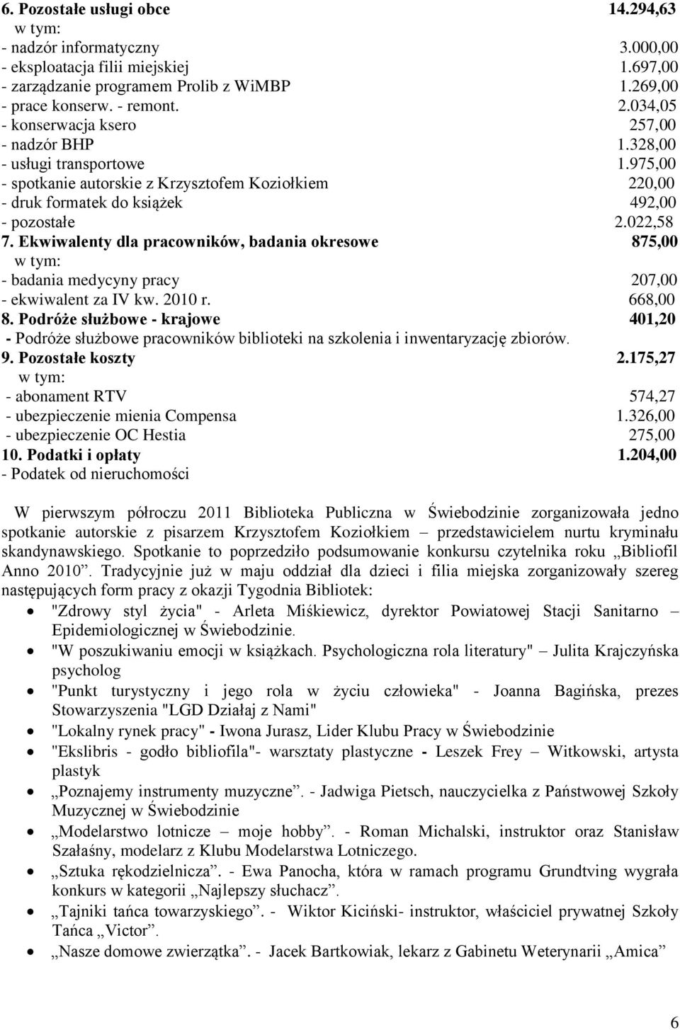 Ekwiwalenty dla pracowników, badania okresowe 875,00 - badania medycyny pracy 207,00 - ekwiwalent za IV kw. 2010 r. 668,00 8.