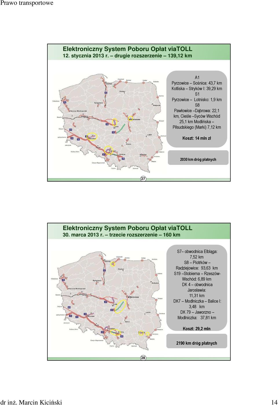 25,1 km Modlińska Piłsudskiego (Marki) 7,12 km Koszt: 14 mln zł 2030 km dróg płatnych 27 Elektroniczny System Poboru Opłat viatoll 30. marca 2013 r.
