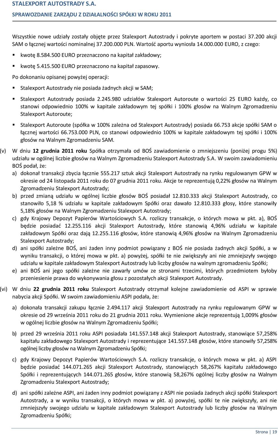 500 EURO przeznaczono na kapitał zapasowy. Po dokonaniu opisanej powyżej operacji: Stalexport Autostrady nie posiada żadnych akcji w SAM; Stalexport Autostrady posiada 2.245.