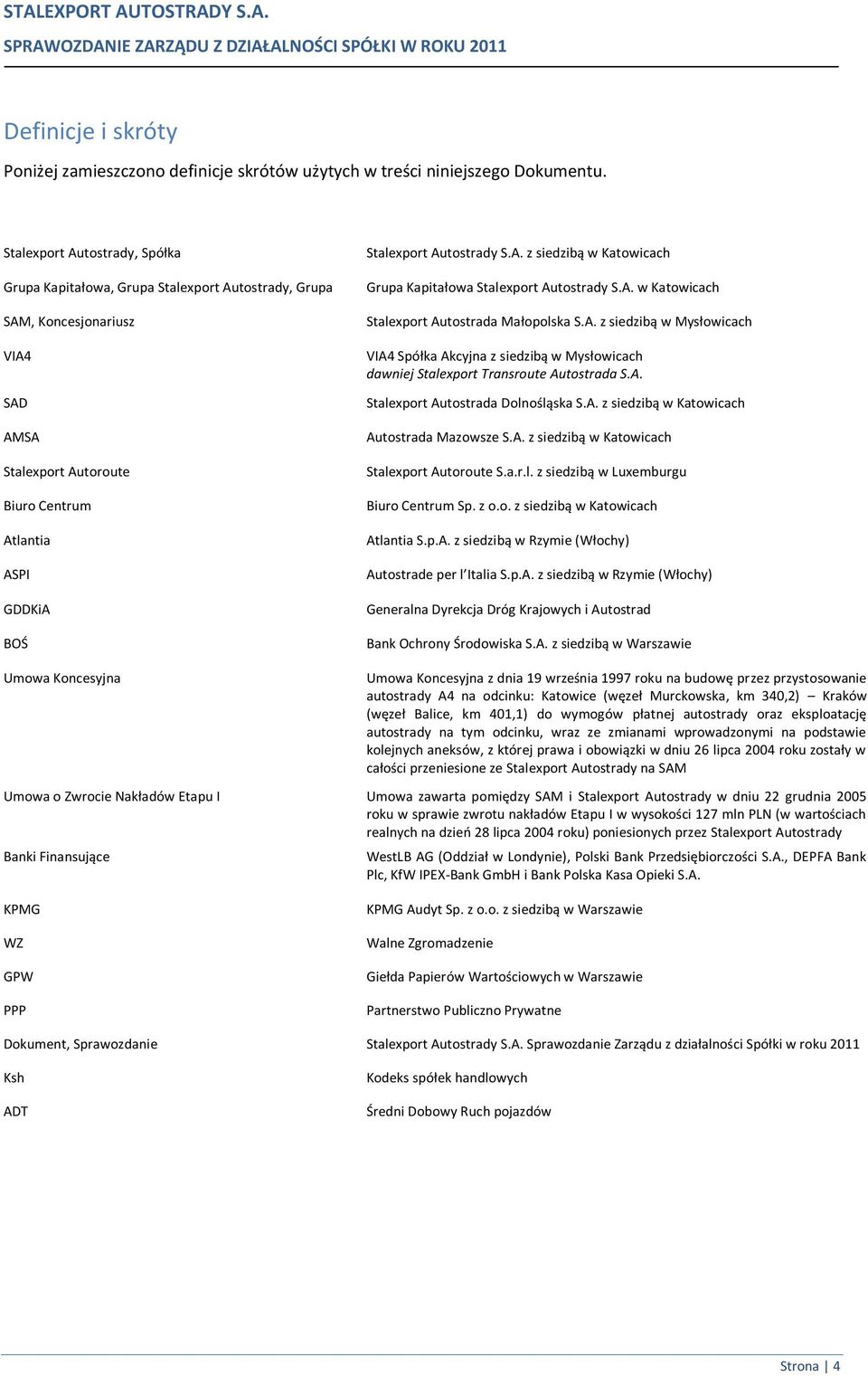 S.A. z siedzibą w Katowicach Grupa Kapitałowa Stalexport Autostrady S.A. w Katowicach Stalexport Autostrada Małopolska S.A. z siedzibą w Mysłowicach VIA4 Spółka Akcyjna z siedzibą w Mysłowicach dawniej Stalexport Transroute Autostrada S.