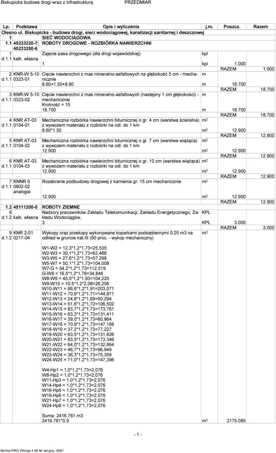 1.1 0802-02 Cięcie nawierzchni z as ineralno-asfaltowych na głębokość 5 c - echanicznie 8.60+1.50+8.60 18.700 RAZEM 18.