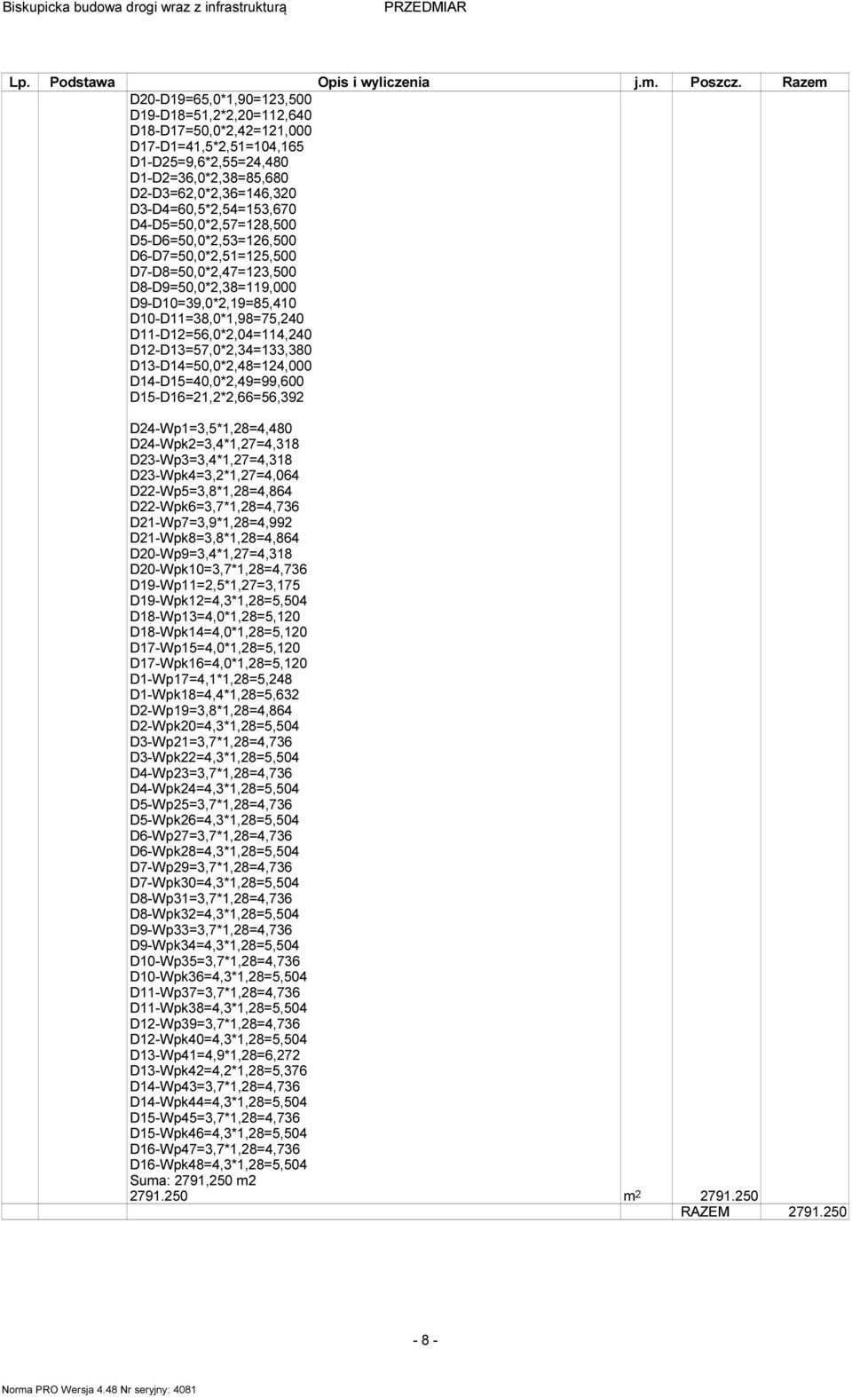 D12-D13=57,0*2,34=133,380 D13-D14=50,0*2,48=124,000 D14-D15=40,0*2,49=99,600 D15-D16=21,2*2,66=56,392 D24-Wp1=3,5*1,28=4,480 D24-Wpk2=3,4*1,27=4,318 D23-Wp3=3,4*1,27=4,318 D23-Wpk4=3,2*1,27=4,064