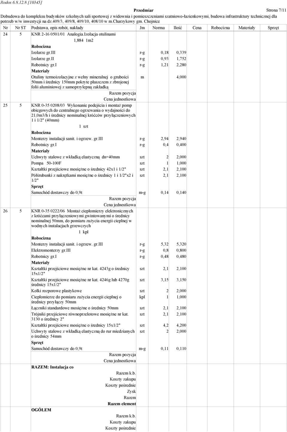 i r-g 1,21 2,280 Otuliny termoizolacyjne z wełny mineralnej o grubości m 4,000 50mm i średnicy 150mm pokryte płaszczem z zbrojonej folii aluminiowej z samoprzylepną zakładką 25 5 KNR 0-35 0208/03