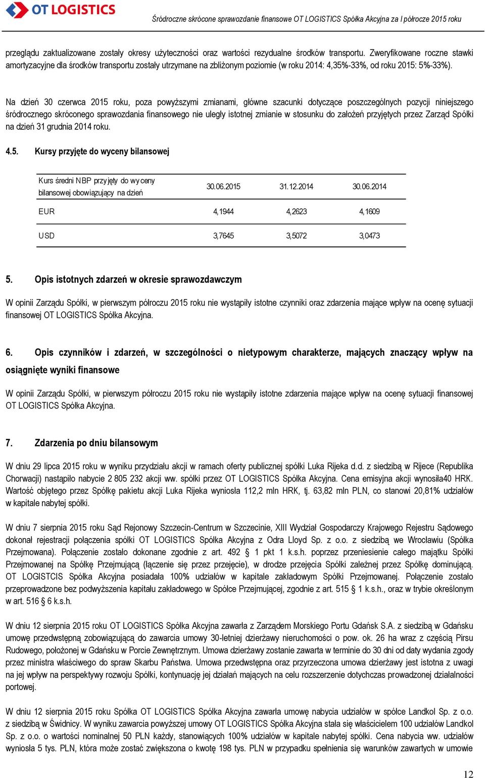 Na dzień 30 czerwca 2015 roku, poza powyższymi zmianami, główne szacunki dotyczące poszczególnych pozycji niniejszego śródrocznego skróconego sprawozdania finansowego nie uległy istotnej zmianie w