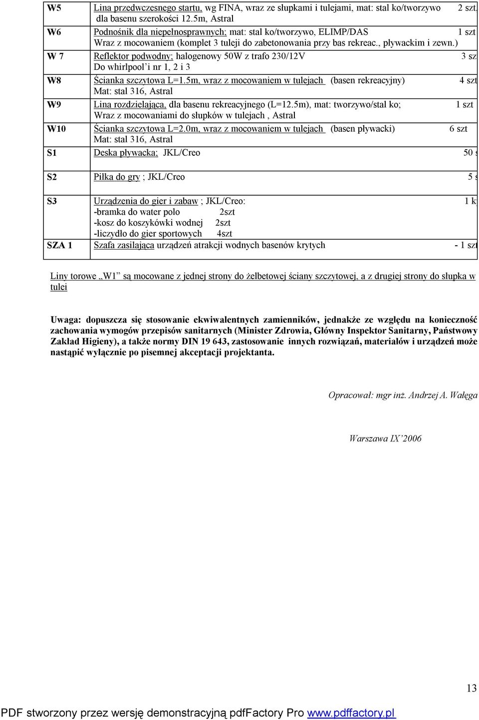 ) W 7 Reflektor podwodny; halogenowy 50W z trafo 230/12V 3 szt Do whirlpool i nr 1, 2 i 3 W8 Ścianka szczytowa L=1.