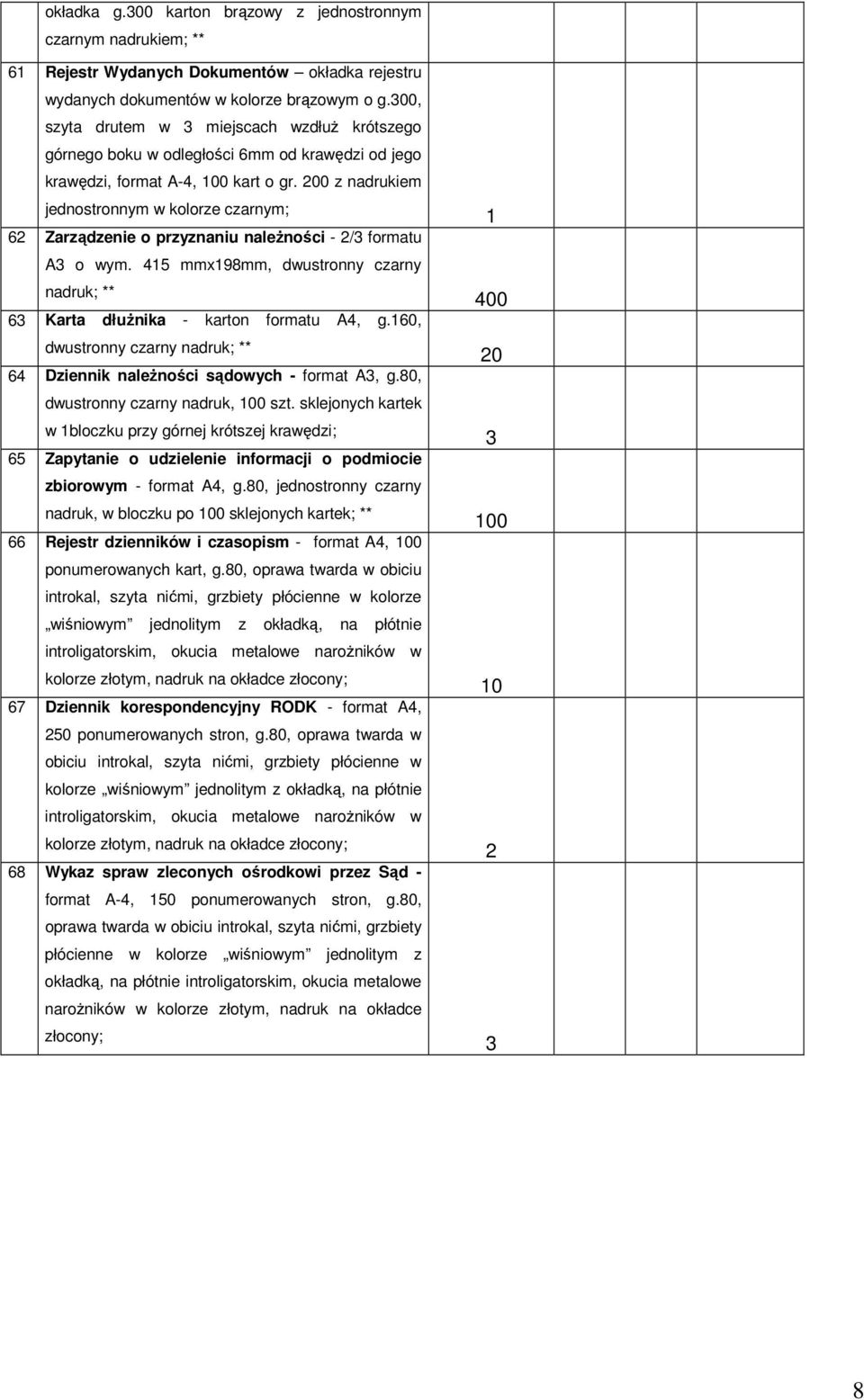 00 z nadrukiem jednostronnym w kolorze czarnym; 6 Zarządzenie o przyznaniu naleŝności - / formatu A o wym. 4 mmx98mm, dwustronny czarny nadruk; ** 6 Karta dłuŝnika - karton formatu A4, g.