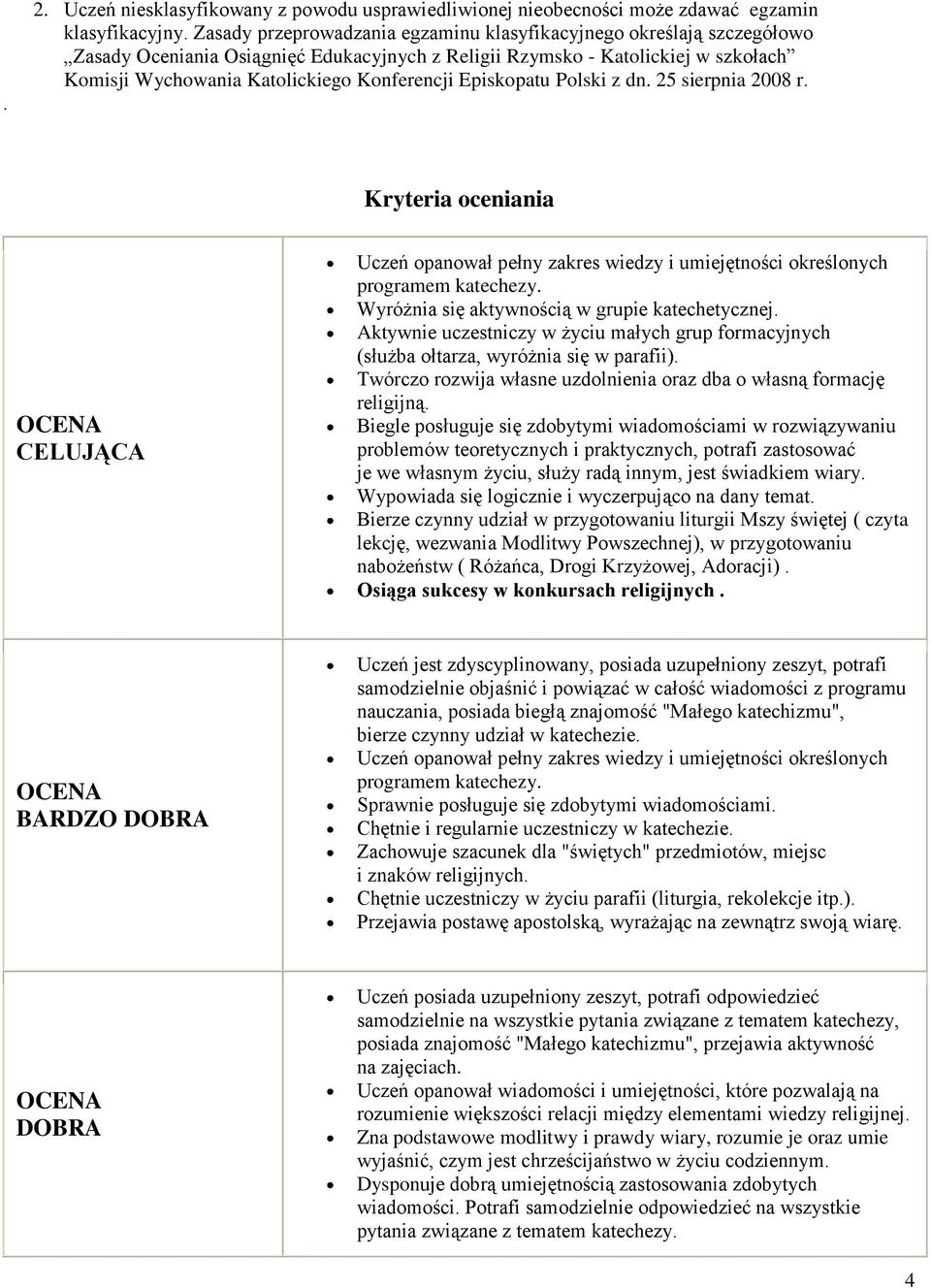 Episkopatu Polski z dn. 25 sierpnia 2008 r. Kryteria oceniania CELUJĄCA Uczeń opanował pełny zakres wiedzy i umiejętności określonych programem katechezy.