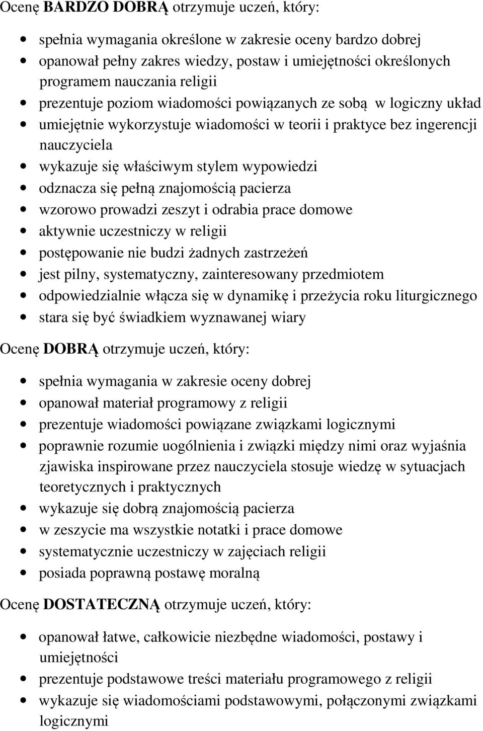 się pełną znajomością pacierza wzorowo prowadzi zeszyt i odrabia prace domowe aktywnie uczestniczy w religii postępowanie nie budzi żadnych zastrzeżeń jest pilny, systematyczny, zainteresowany