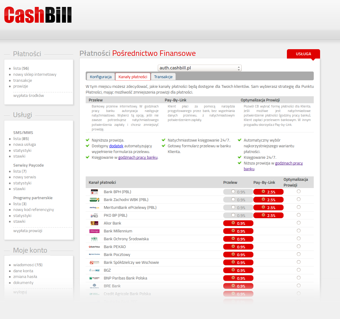 6 Optymalizacja prowizji Mechanizm ten pozwala na określenie parametrów optymalizacji prowizji w panelu administracyjnym CashBill.