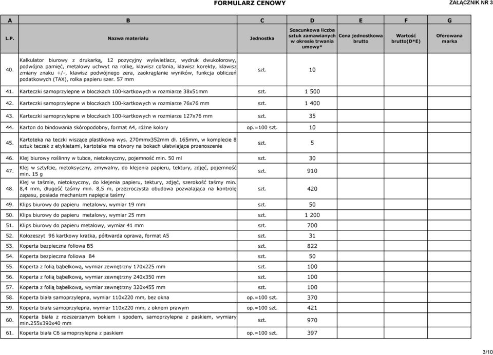 Karteczki samoprzylepne w bloczkach 100-kartkowych w rozmiarze 76x76 mm szt. 1 400 43. Karteczki samoprzylepne w bloczkach 100-kartkowych w rozmiarze 127x76 mm szt. 35 44.