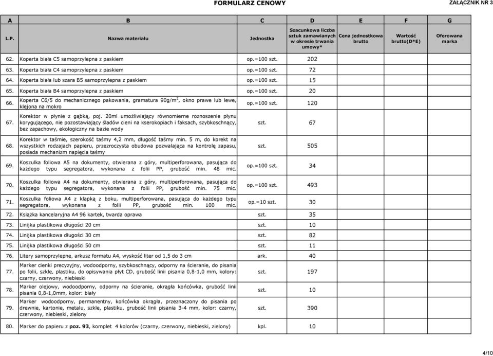 Koperta C6/5 do mechanicznego pakowania, gramatura 90g/m 2, okno prawe lub lewe, klejona na mokro Korektor w płynie z gąbką, poj.