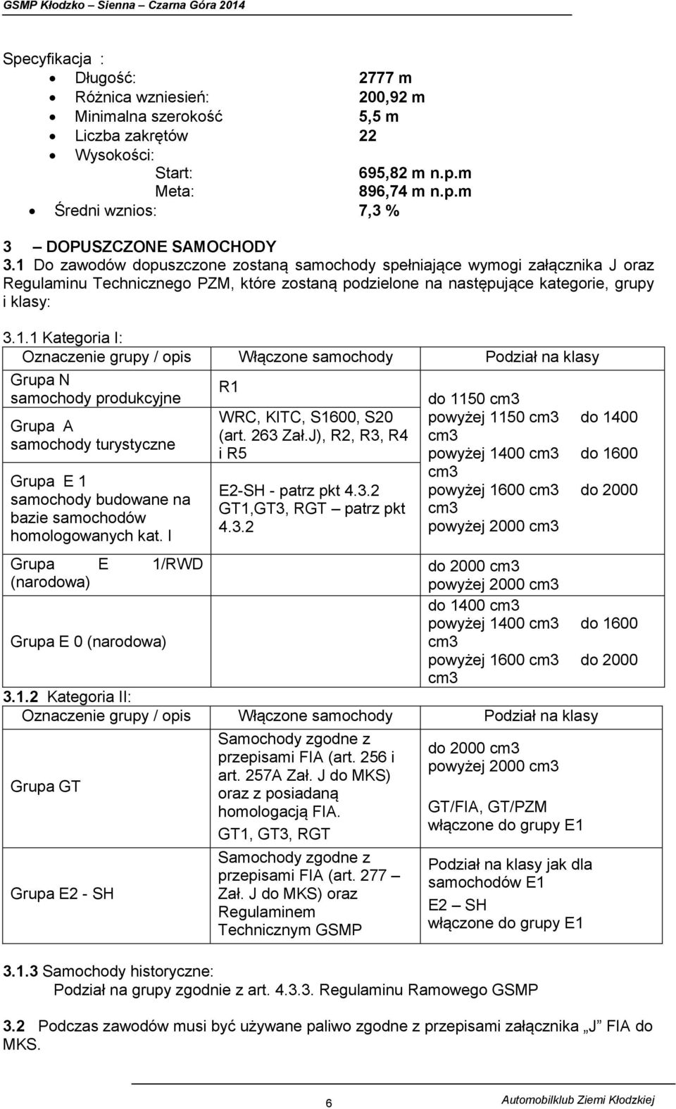 Oznaczenie grupy / opis Włączone samochody Podział na klasy Grupa N samochody produkcyjne Grupa A samochody turystyczne Grupa E 1 samochody budowane na bazie samochodów homologowanych kat.