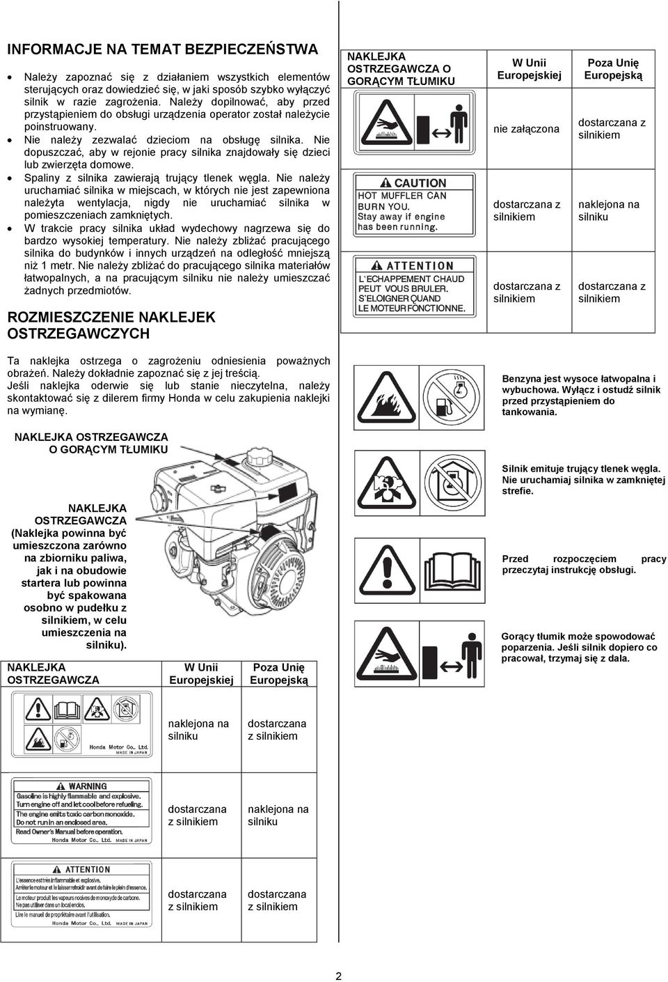 Nie dopuszczać, aby w rejonie pracy silnika znajdowały się dzieci lub zwierzęta domowe. Spaliny z silnika zawierają trujący tlenek węgla.