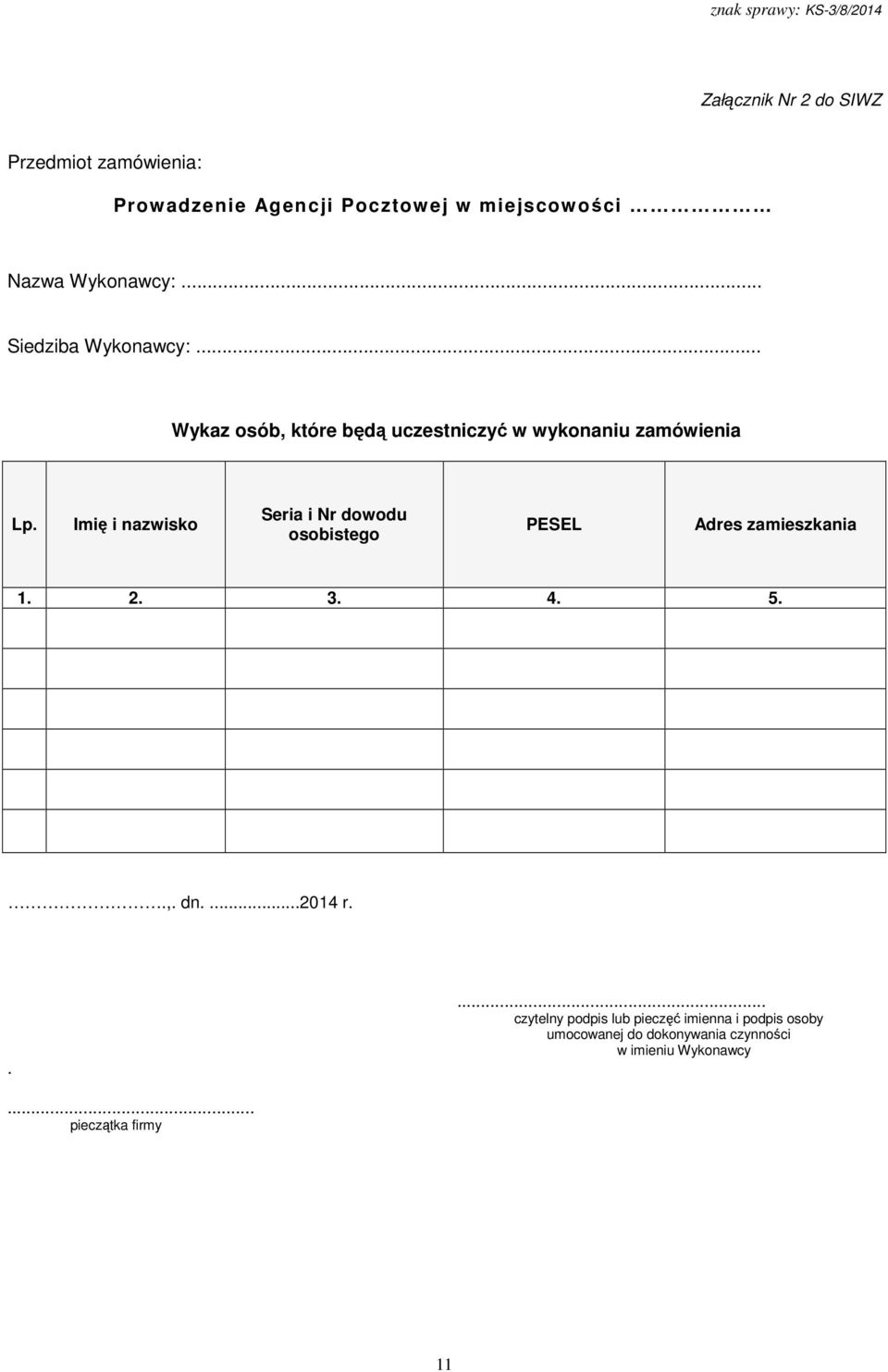 Imię i nazwisko Seria i Nr dowodu osobistego PESEL Adres zamieszkania 1. 2. 3. 4. 5..,. dn....2014 r.