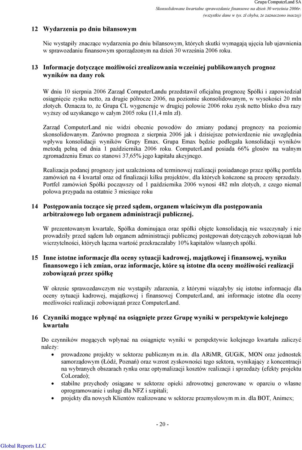 osiągnięcie zysku netto, za drugie półrocze 2006, na poziomie skonsolidowanym, w wysokości 20 mln złotych.