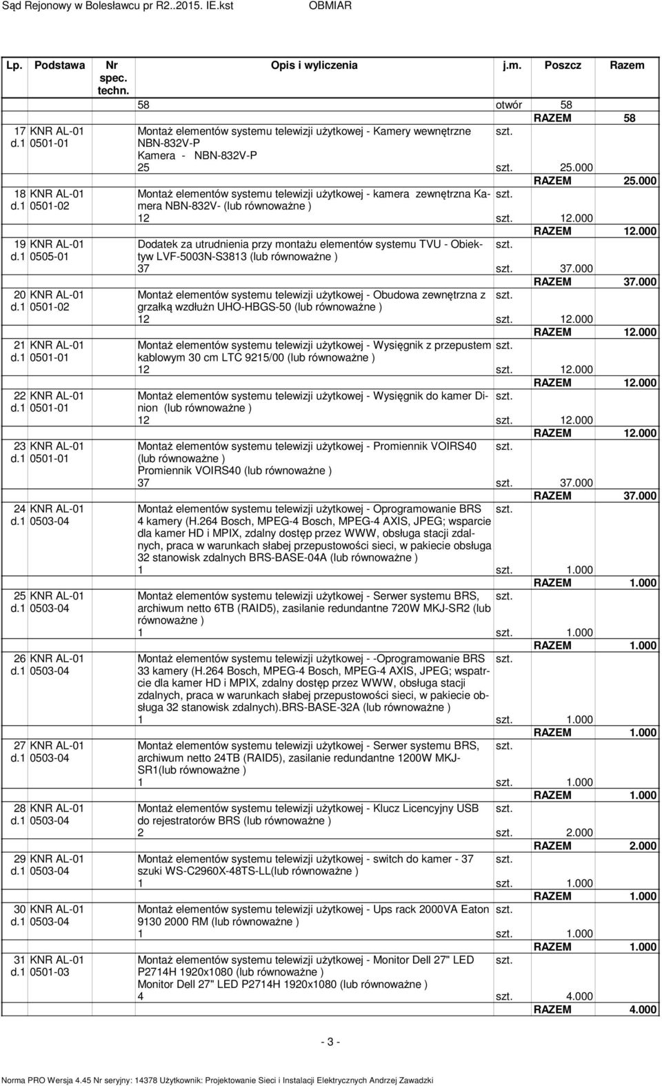 . Poszcz Raze 58 otwór 58 RAZEM 58 Montaż eleentów systeu telewizji użytkowej - Kaery wewnętrzne NBN-832V-P Kaera - NBN-832V-P 25 25.000 RAZEM 25.