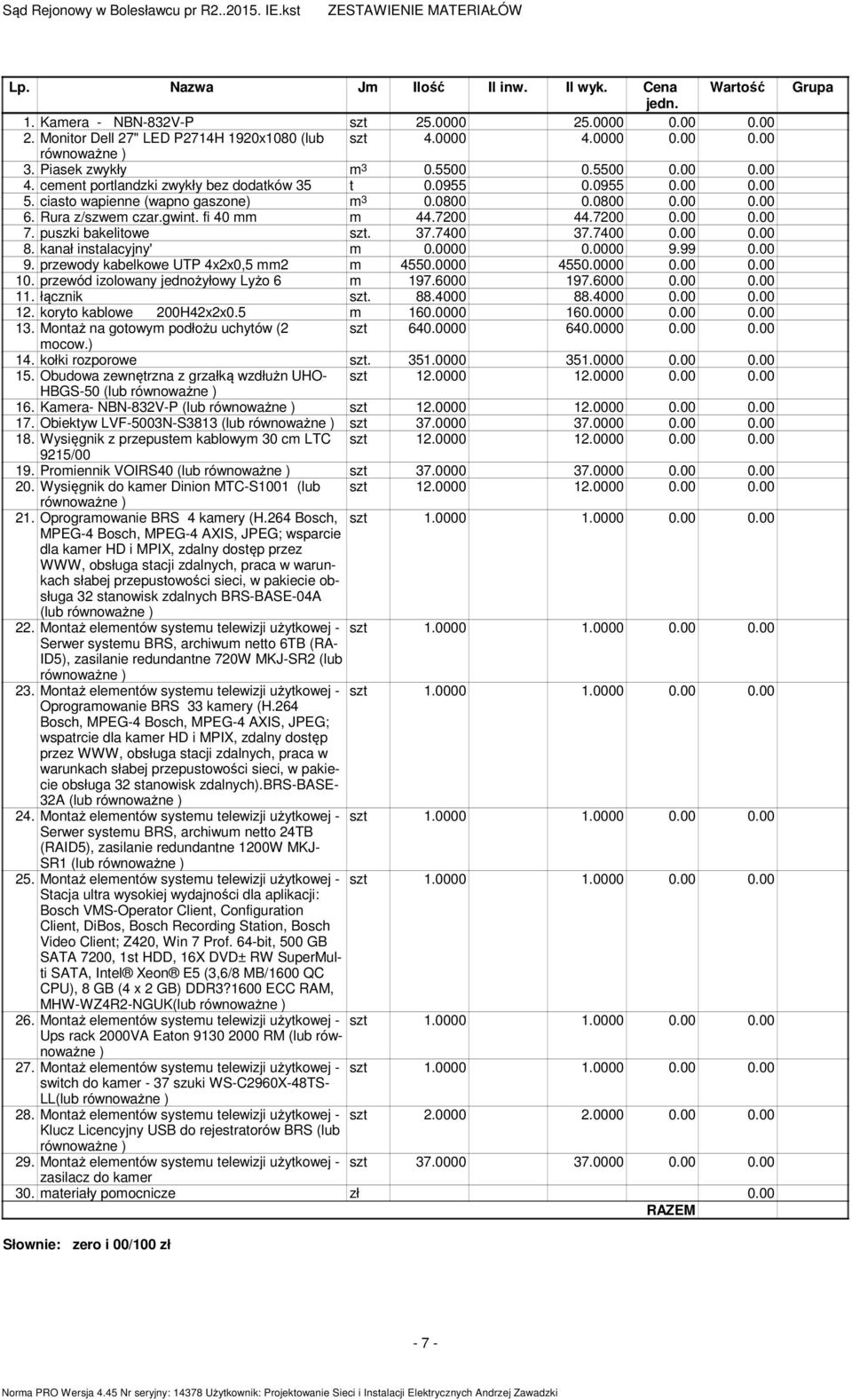 fi 40 44.7200 44.7200 0.00 0.00 7. puszki bakelitowe 37.7400 37.7400 0.00 0.00 8. kanał instalacyjny' 0.0000 0.0000 9.99 0.00 9. przewody kabelkowe UTP 4x2x0,5 2 4550.0000 4550.0000 0.00 0.00 10.