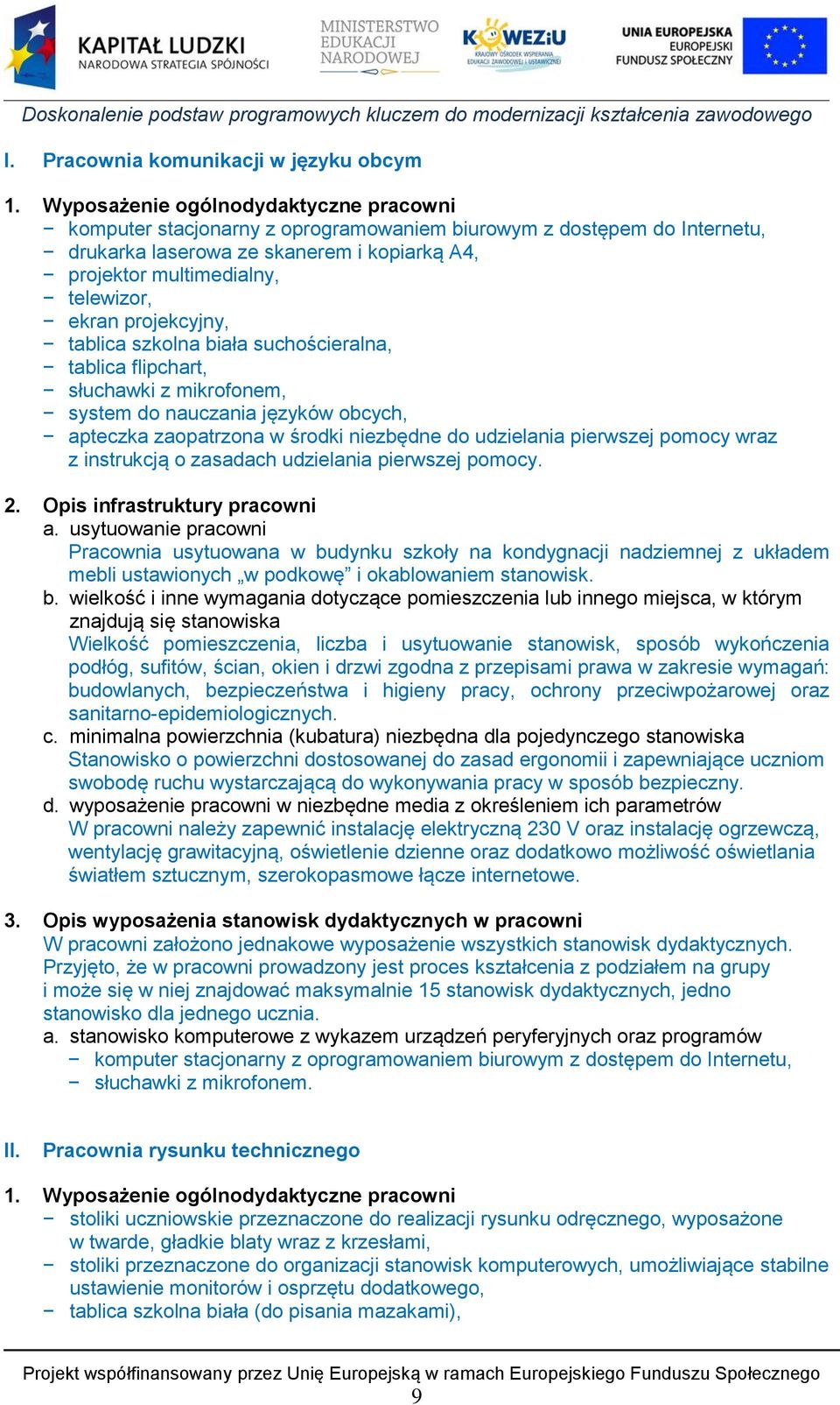 projekcyjny, tablica szkolna biała suchościeralna, tablica flipchart, słuchawki z mikrofonem, system do nauczania języków obcych, apteczka zaopatrzona w środki niezbędne do udzielania pierwszej