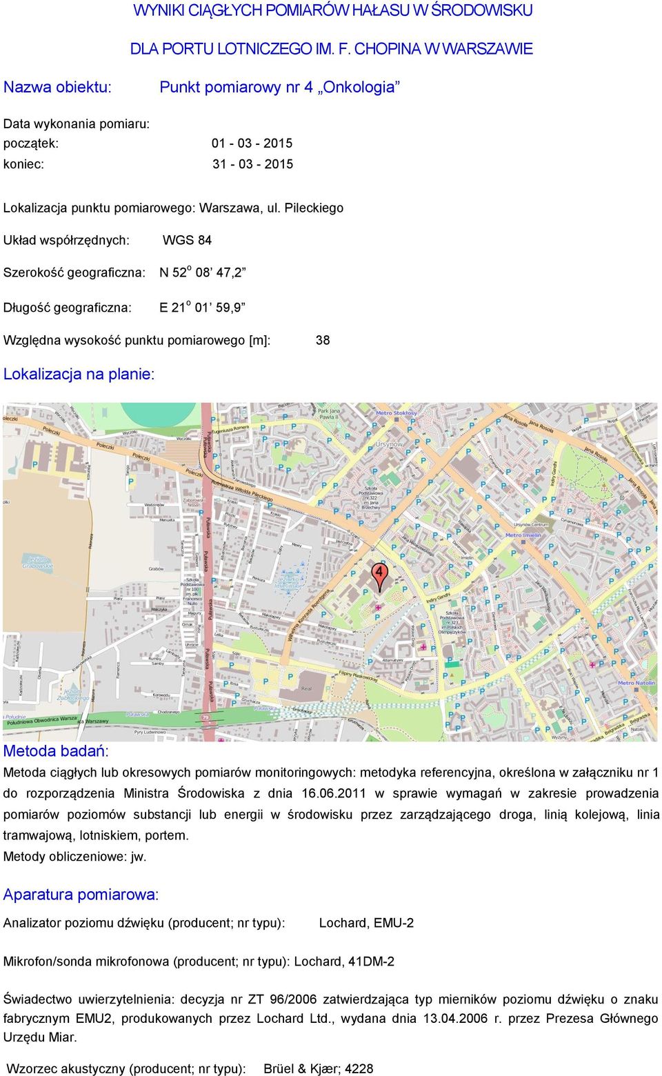 Pileckiego Układ współrzędnych: WGS 84 Szerokość geograficzna: N 52 o 08 47,2 Długość geograficzna: E 21 o 01 59,9 Względna wysokość punktu pomiarowego [m]: 38 Lokalizacja na planie: Metoda badań: