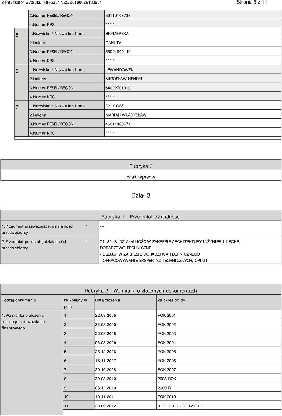 Przedmiot przeważającej działalności przedsiębiorcy 2.Przedmiot pozostałej działalności przedsiębiorcy 1 --- 1 74, 20, B, DZIAŁALNOŚĆ W ZAKRESIE ARCHITEKTURY INŻYNIERII I POKR.