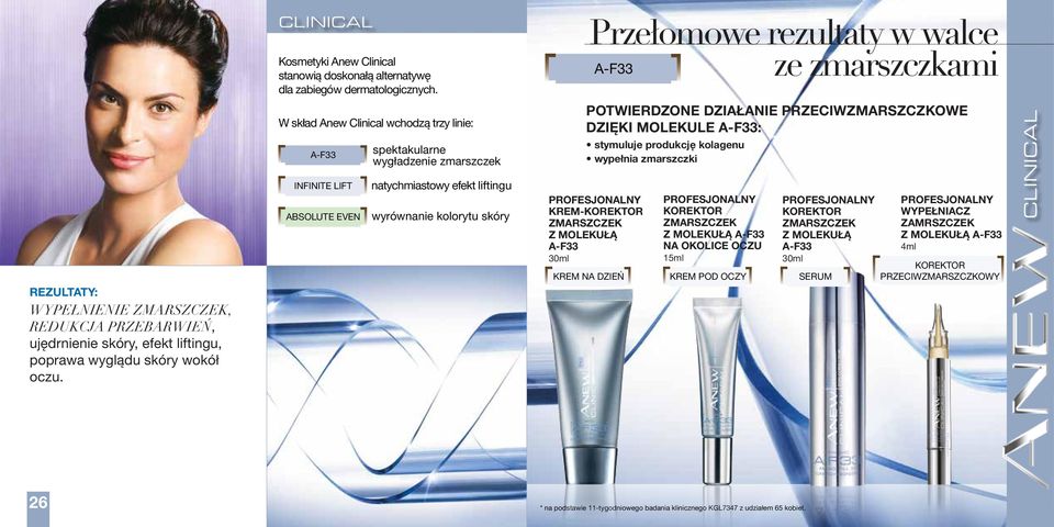 W skład Anew Clinical wchodzą trzy linie: A-F33 INFINITE LIFT ABSOLUTE EVEN spektakularne wygładzenie zmarszczek natychmiastowy efekt liftingu wyrównanie kolorytu skóry POTWIERDZONE DZIAŁANIE