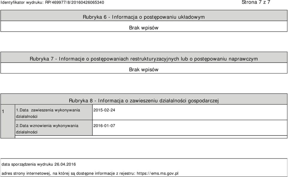 1 1.Data zawieszenia wykonywania działalności 2.