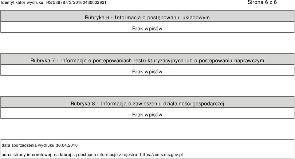 Informacja o zawieszeniu działalności gospodarczej data sporządzenia wydruku 30.04.