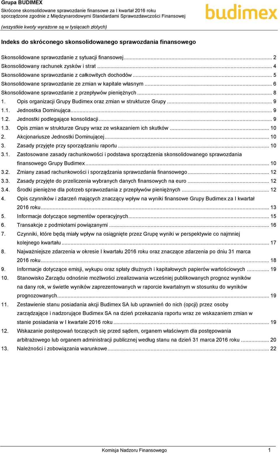 .. 6 Skonsolidowane sprawozdanie z przepływów pieniężnych... 8 1. Opis organizacji Grupy Budimex oraz zmian w strukturze Grupy... 9 1.1. Jednostka Dominująca... 9 1.2.