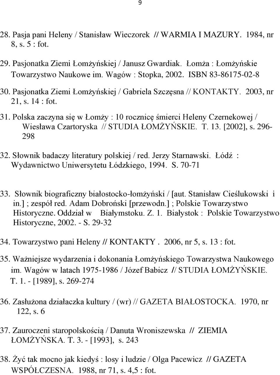 Polska zaczyna się w Łomży : 10 rocznicę śmierci Heleny Czernekowej / Wiesława Czartoryska // STUDIA ŁOMŻYŃSKIE. T. 13. [2002], s. 296-298 32. Słownik badaczy literatury polskiej / red.