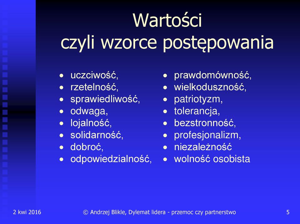 odpowiedzialność, prawdomówność, wielkoduszność, patriotyzm,