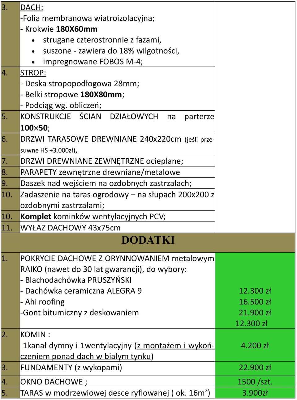 DRZWI DREWNIANE ZEWNĘTRZNE ocieplane; 8. PARAPETY zewnętrzne drewniane/metalowe 9. Daszek nad wejściem na ozdobnych zastrzałach; 10.