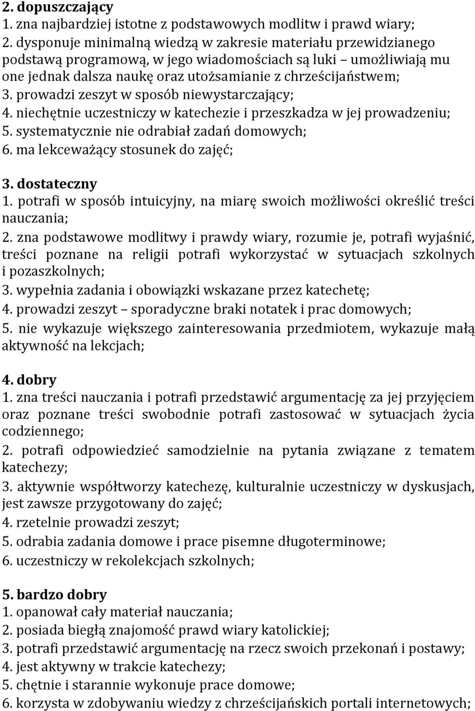 prowadzi zeszyt w sposób niewystarczający; 4. niechętnie uczestniczy w katechezie i przeszkadza w jej prowadzeniu; 5. systematycznie nie odrabiał zadań domowych; 6.