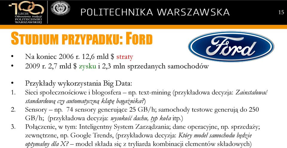 74 sensory generujące 25 GB/h; samochody testowe generują do 250 GB/h; (przykładowa decyzja: wysokość dachu, typ koła itp.) 3.