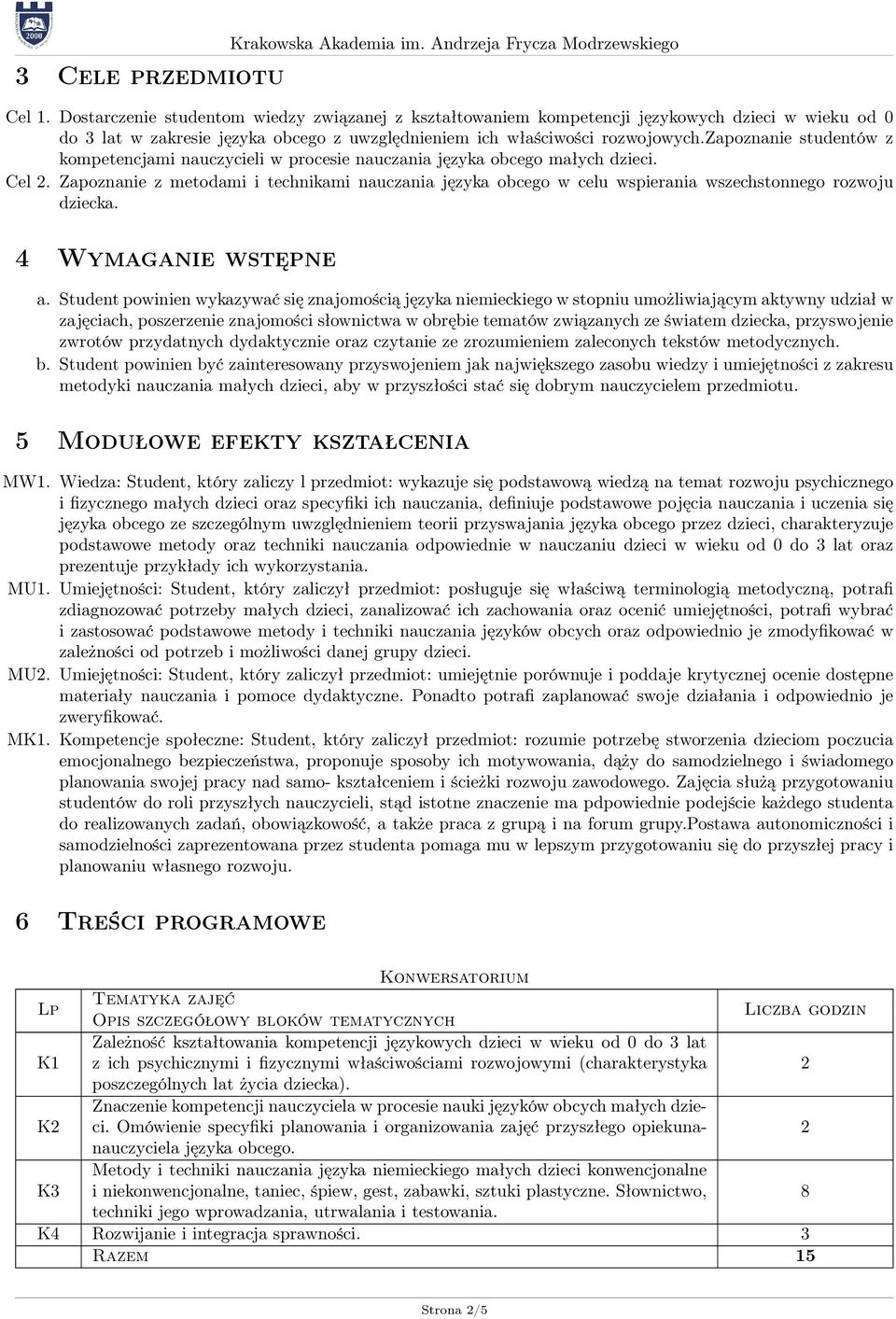 zapoznanie studentów z kompetencjami nauczycieli w procesie nauczania języka obcego małych dzieci. Cel 2.