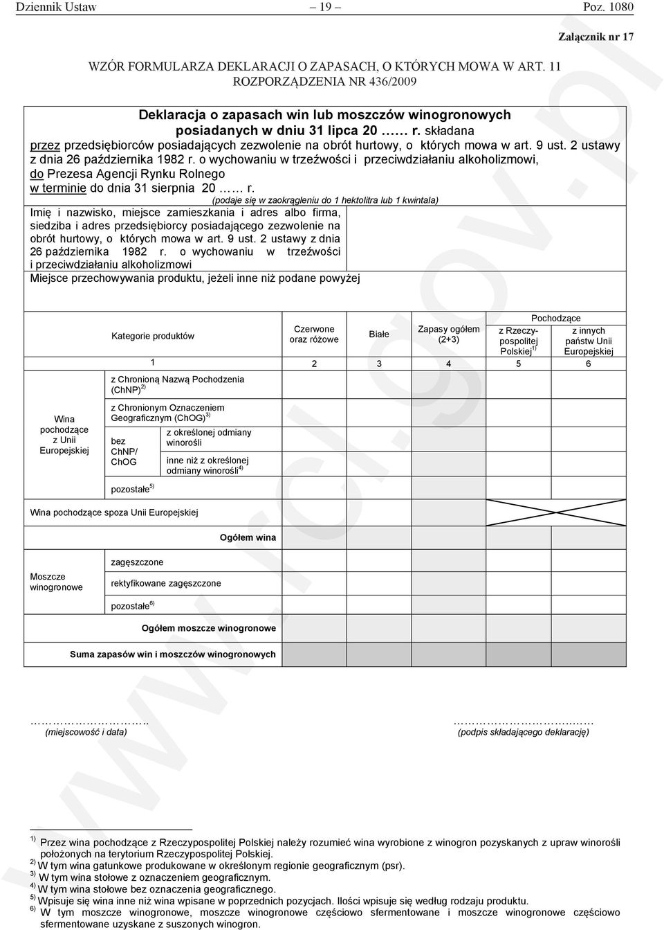 11 rozporządzenia nr 436/2009 Deklaracja o zapasach win lub moszczów winogronowych posiadanych w dniu 31 lipca 20 r.