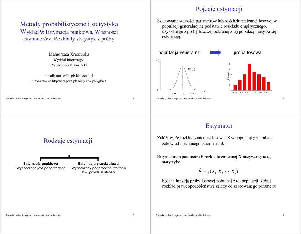 Małgorzata Krtowska Wydział Iformatyki Politechika Białostocka f(x) populacja geerala N(µ,σ) 5 4 próba losowa e-mail: mmac@ii.pb.bialystok.pl stroa www: http://aragor.pb.bialystok.pl/~gkret liczosc 3 µ-σ µ µ+σ x.