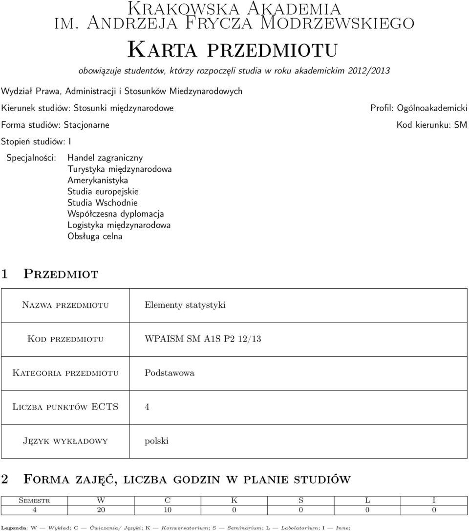 Stosunki międzynarodowe Forma studiów: Stacjonarne Stopień studiów: I Specjalności: Handel zagraniczny Turystyka międzynarodowa Amerykanistyka Studia europejskie Studia Wschodnie Współczesna