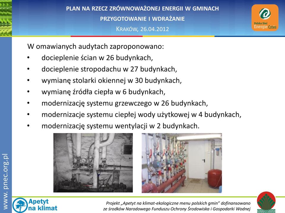 ciepła w 6 budynkach, modernizację systemu grzewczego w 26 budynkach, modernizacje