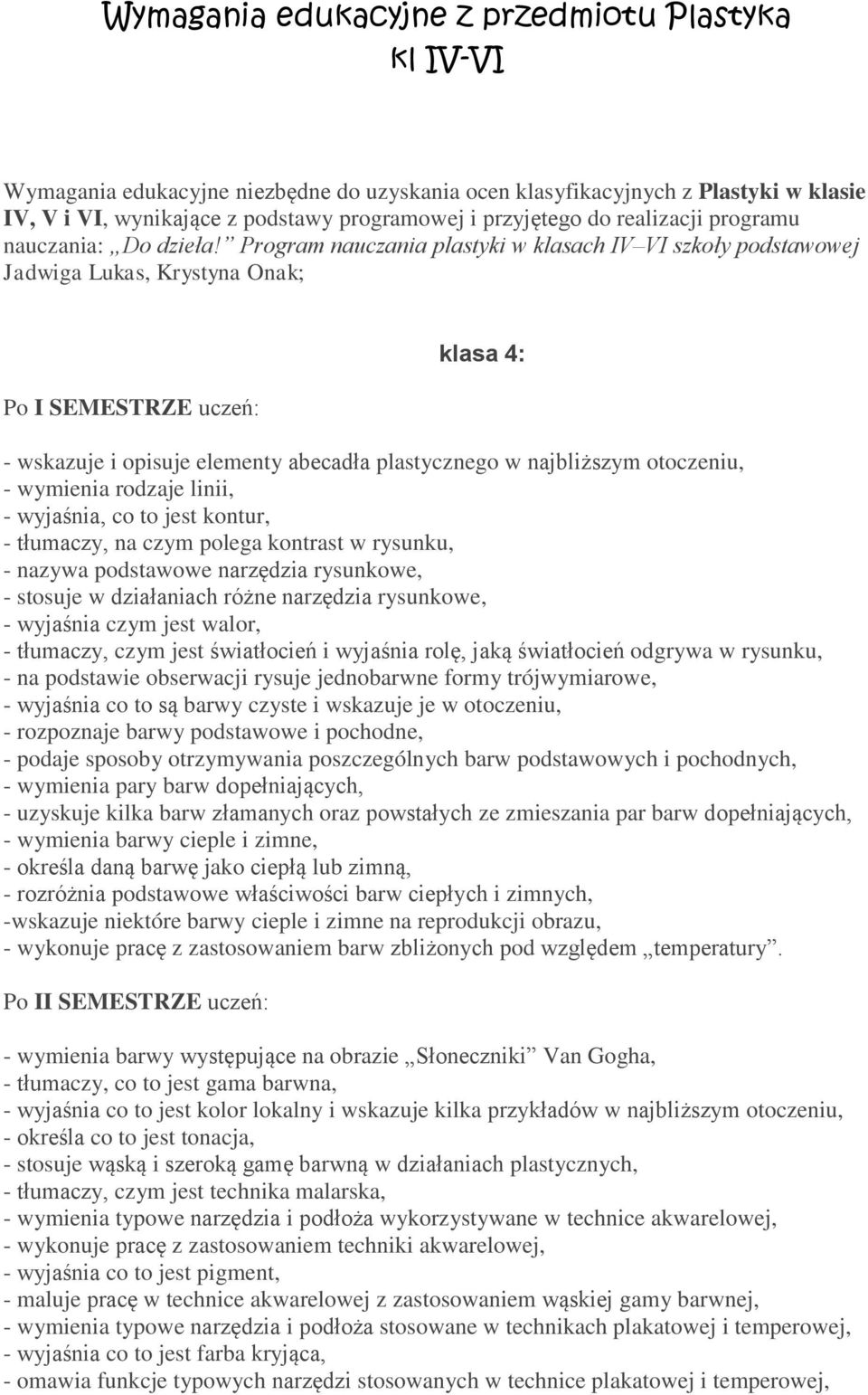 Program nauczania plastyki w klasach IV VI szkoły podstawowej Jadwiga Lukas, Krystyna Onak; Po I SEMESTRZE uczeń: klasa 4: - wskazuje i opisuje elementy abecadła plastycznego w najbliższym otoczeniu,