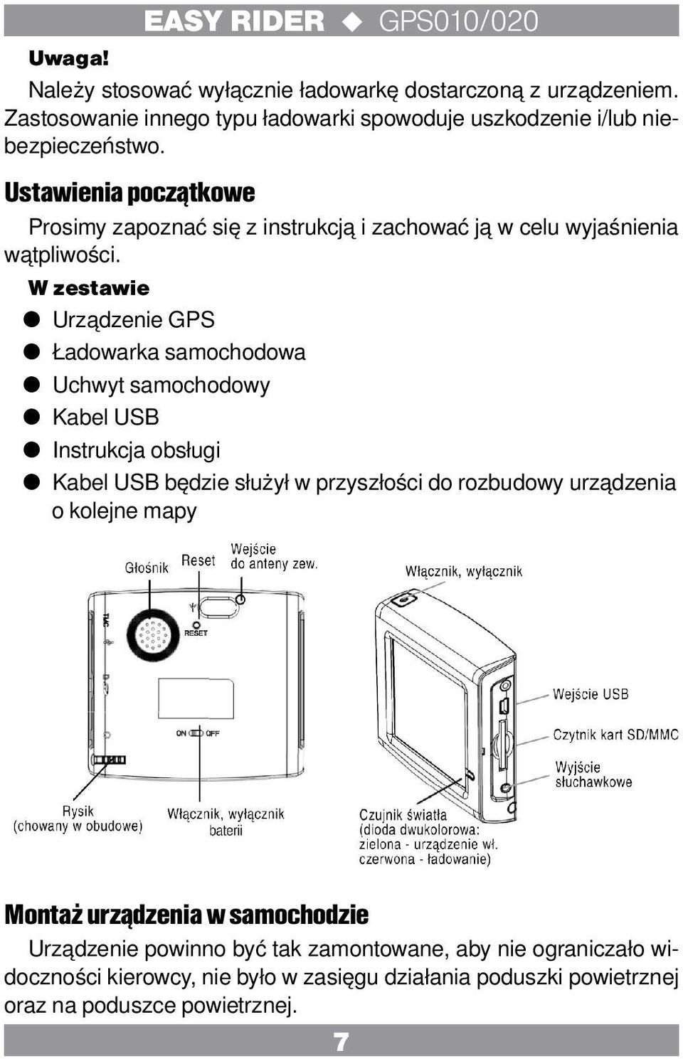 W zestawie Urządzenie GPS Ładowarka samochodowa Uchwyt samochodowy Kabel USB Instrukcja obsługi Kabel USB będzie służył w przyszłości do rozbudowy