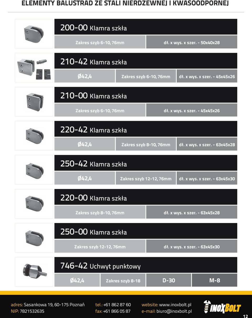 x wys. x szer. - 63x45x30 220-00 Klamra szkła Zakres szyb 8-10, 76mm dł. x wys. x szer. - 63x45x28 250-00 Klamra szkła Zakres szyb 12-12, 76mm dł.