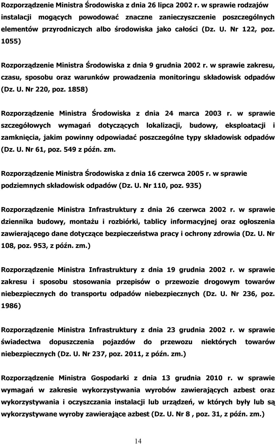 1055) Rozporządzenie Ministra Środowiska z dnia 9 grudnia 2002 r. w sprawie zakresu, czasu, sposobu oraz warunków prowadzenia monitoringu składowisk odpadów (Dz. U. Nr 220, poz.